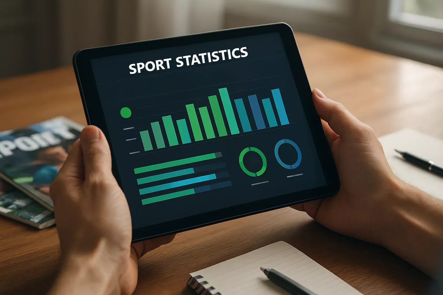 Maos a analisar estatisticas desportivas num tablet com graficos de desempenho