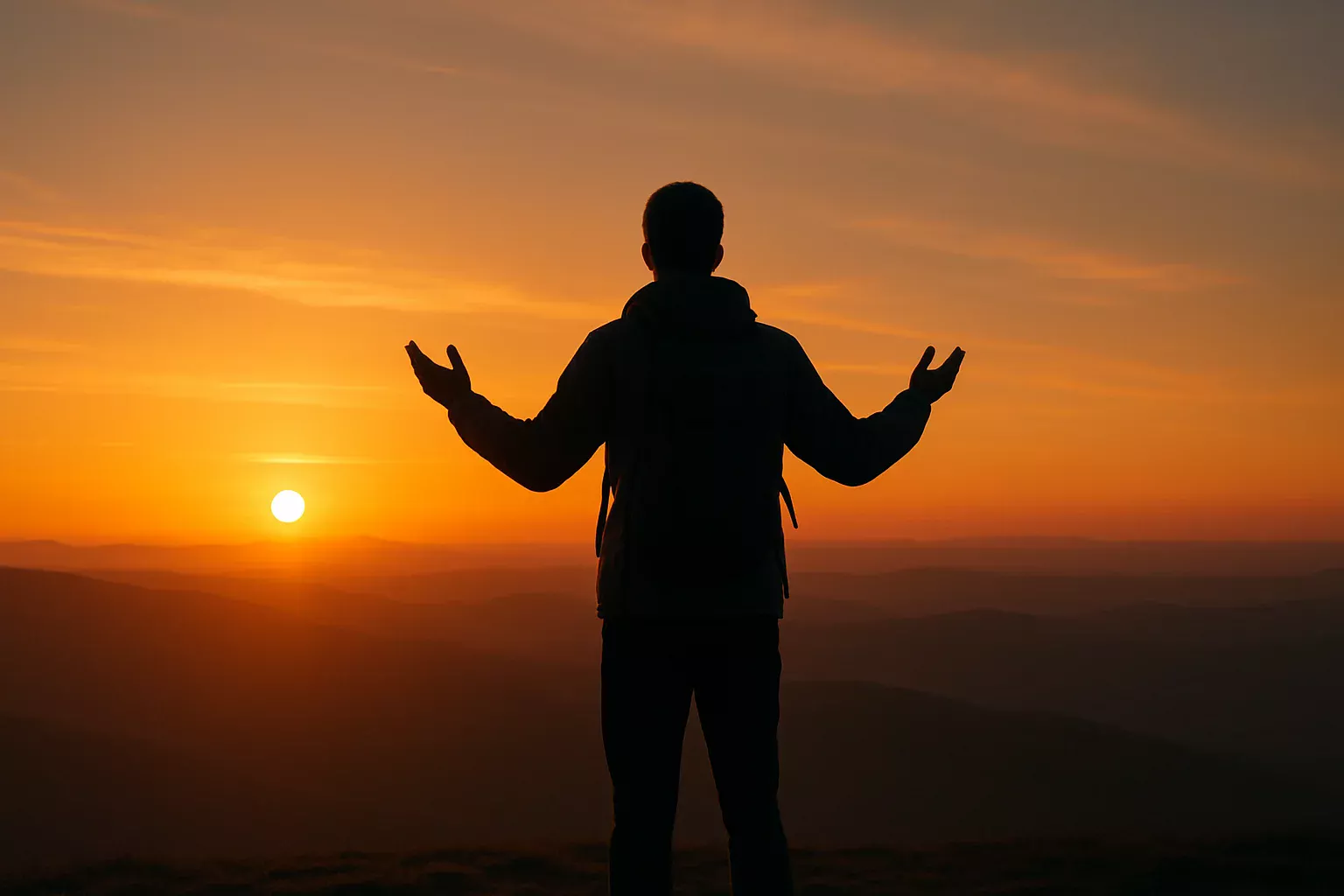 Pessoa no topo de uma colina ao nascer do sol simbolizando mestria emocional alcancada
