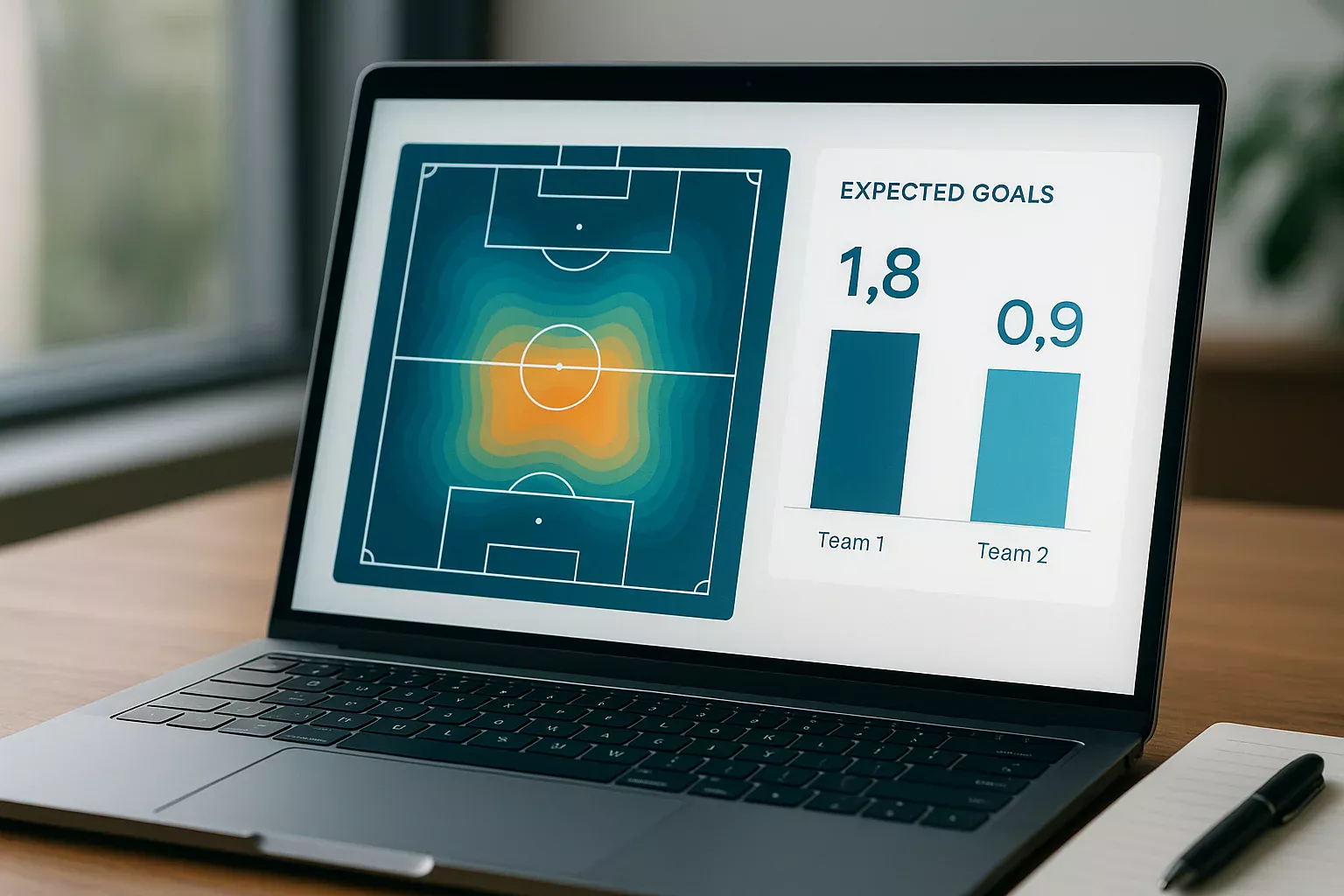Ecra de computador com dashboard de analise de Expected Goals no futebol