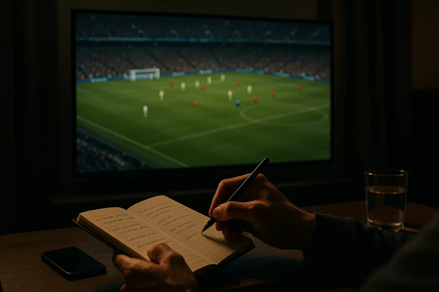 Pessoa a assistir e analisar um jogo de futebol ao vivo com bloco de notas