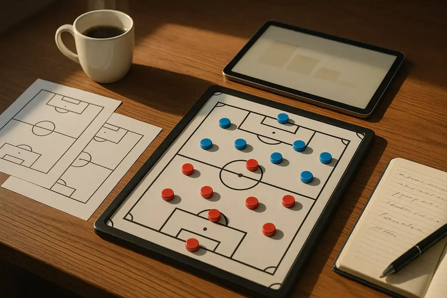 Mesa de trabalho com materiais de preparacao para analise de partida de futebol
