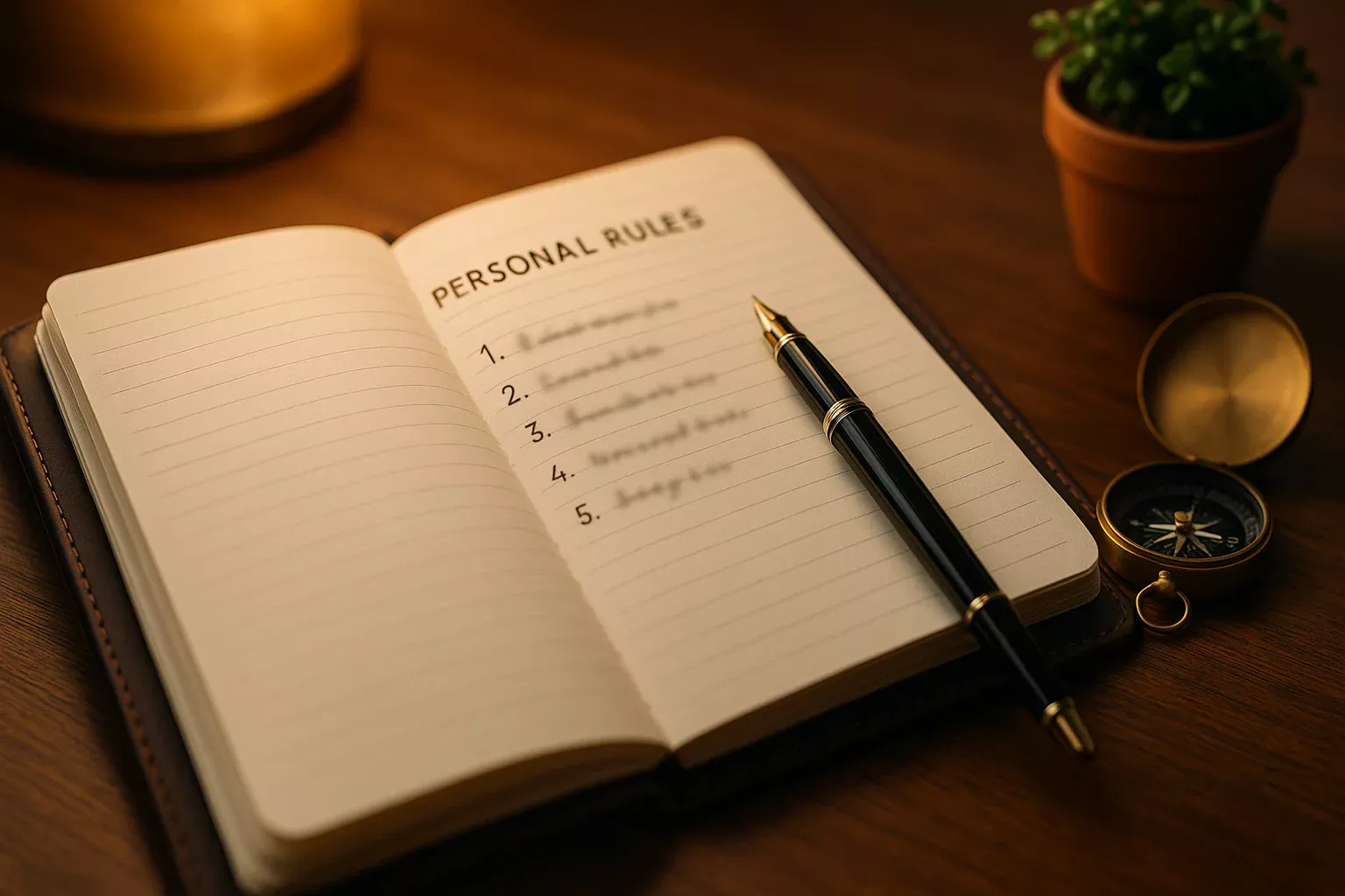 Caderno com regras pessoais e bussola simbolizando disciplina e orientacao