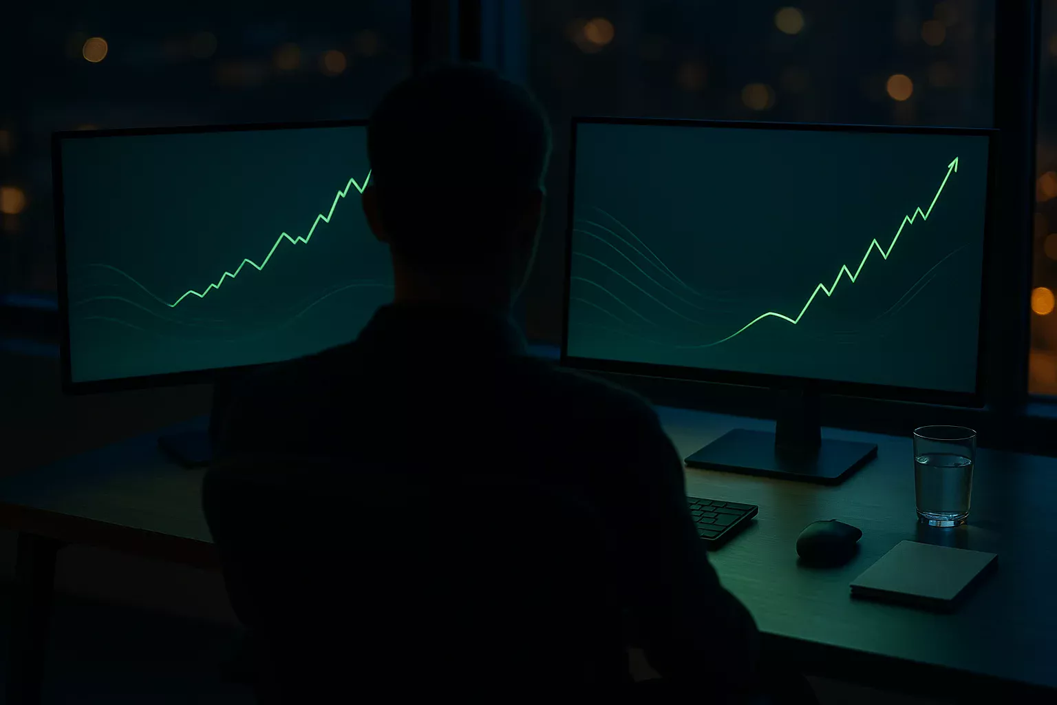 Ambiente de trading desportivo com monitores a mostrar graficos de tendencias em tempo real